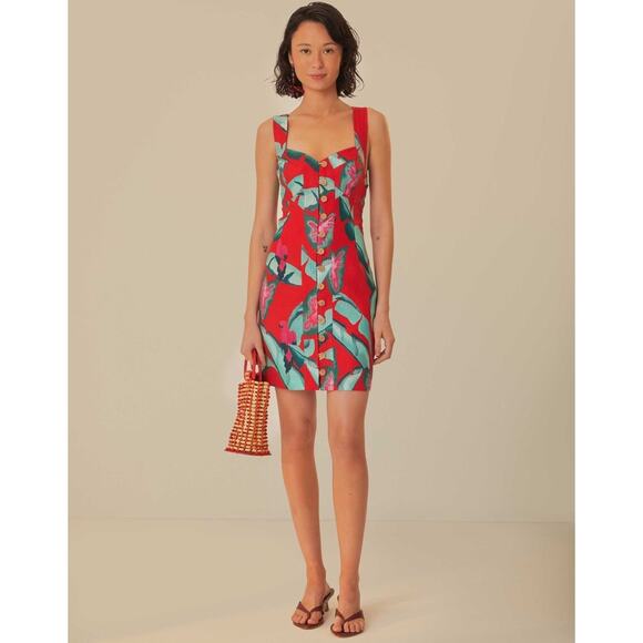 Farm Rio Dress XL Red Floral 100% Linen Tropical Summer Foliage Mini Resort - Picture 13 of 13